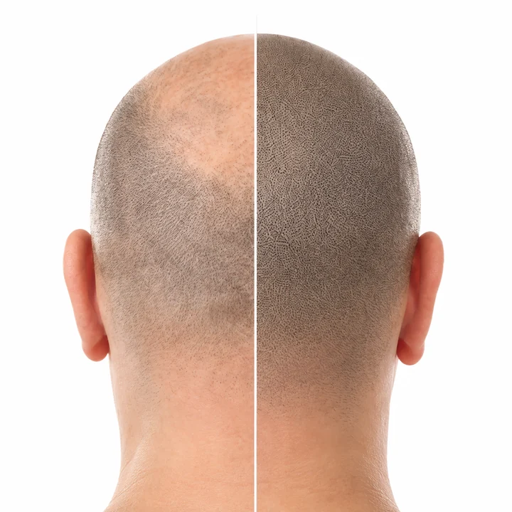 Prima e dopo di un trattamento di tricopigmentazione effetto rasato visto da dietro